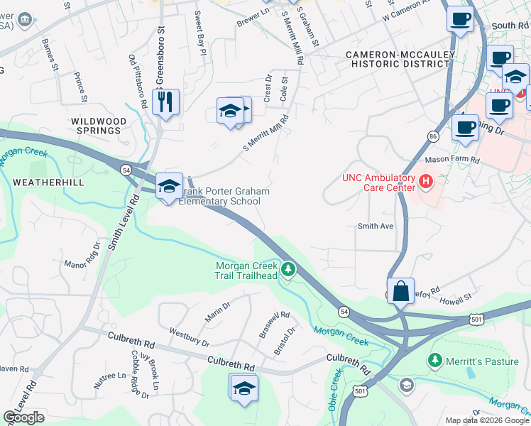 map of restaurants, bars, coffee shops, grocery stores, and more near 1101 West North Carolina Highway 54 Bypass in Chapel Hill