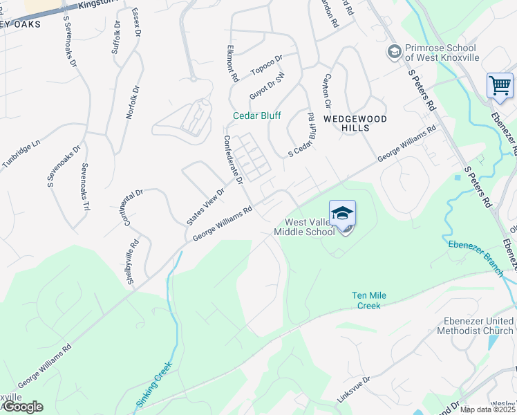 map of restaurants, bars, coffee shops, grocery stores, and more near 500 Confederate Dr in Knoxville