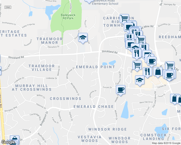 map of restaurants, bars, coffee shops, grocery stores, and more near 1420 Opal Court in Raleigh