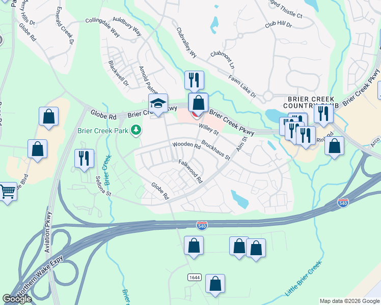 map of restaurants, bars, coffee shops, grocery stores, and more near 10108 Falls Meadow Court in Raleigh