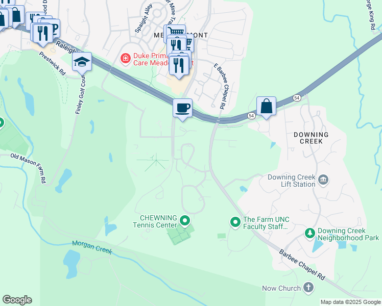 map of restaurants, bars, coffee shops, grocery stores, and more near 139 Brookberry Circle in Chapel Hill