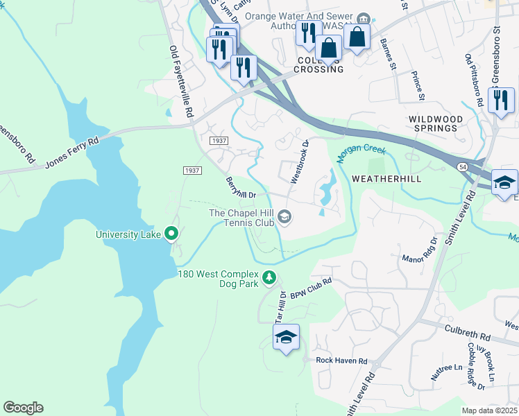 map of restaurants, bars, coffee shops, grocery stores, and more near 110 Primrose Lane in Carrboro