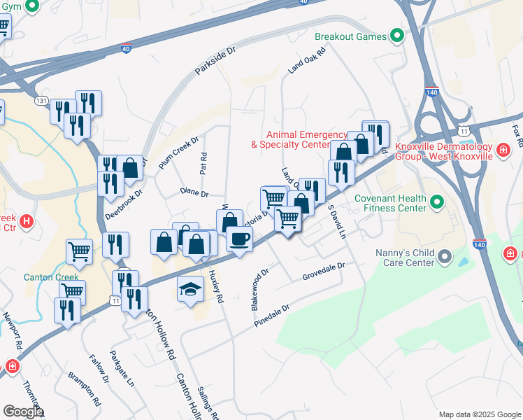 map of restaurants, bars, coffee shops, grocery stores, and more near 104 Cynthia Lane in Knoxville