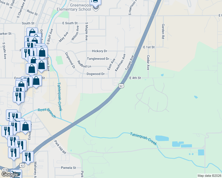 map of restaurants, bars, coffee shops, grocery stores, and more near 905 Jay Lane in Tahlequah