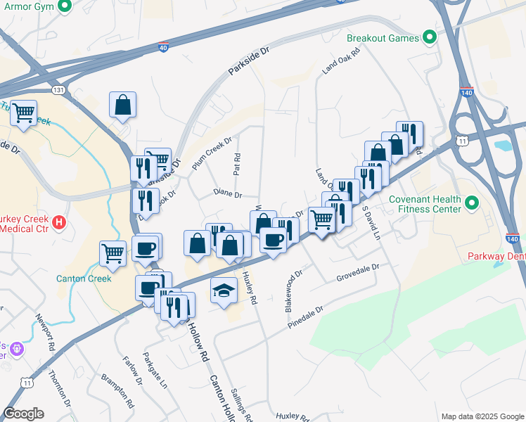 map of restaurants, bars, coffee shops, grocery stores, and more near 124 Wakefield Road in Knoxville