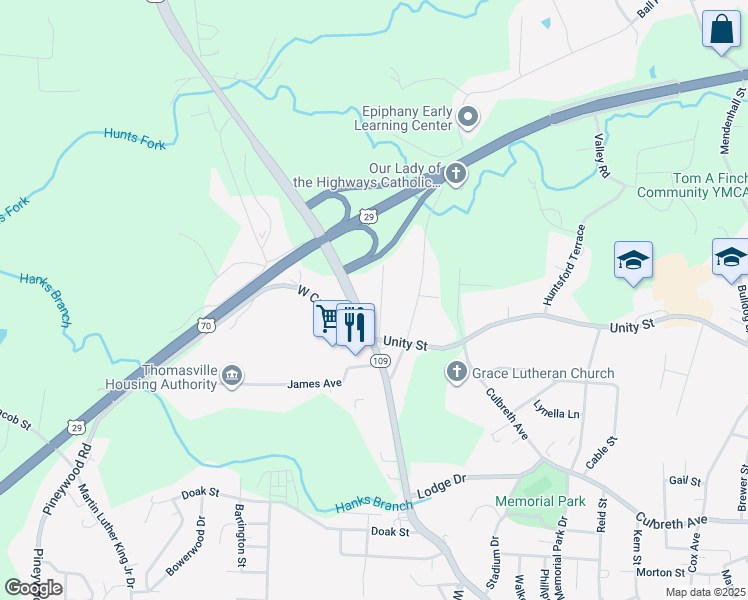 map of restaurants, bars, coffee shops, grocery stores, and more near 906 Robinhood Road in Thomasville