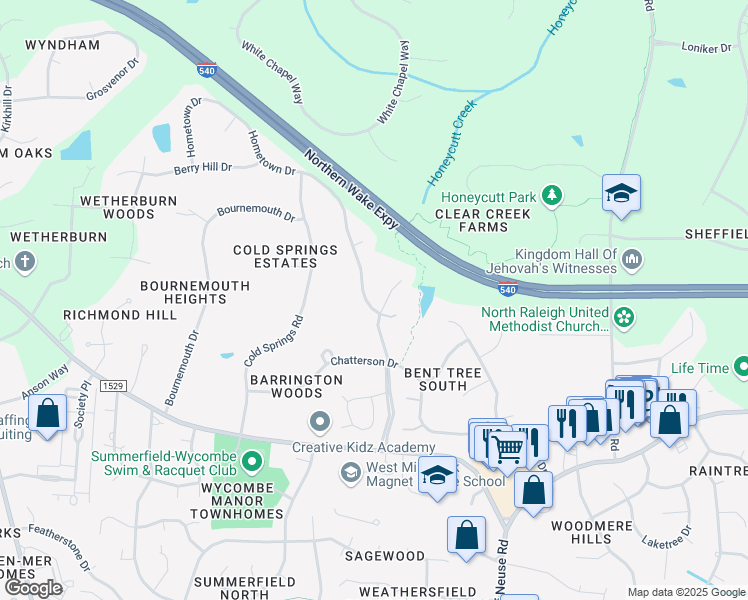 map of restaurants, bars, coffee shops, grocery stores, and more near 8904 Hometown Drive in Raleigh