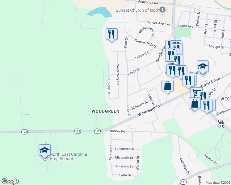 map of restaurants, bars, coffee shops, grocery stores, and more near 1404 Canterbury Road in Tarboro