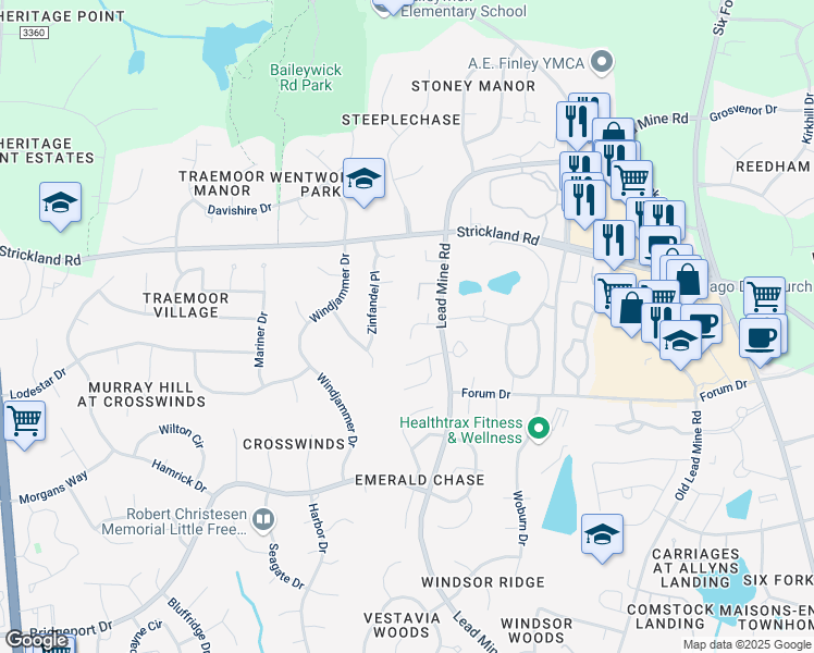 map of restaurants, bars, coffee shops, grocery stores, and more near 1420 Opal Court in Raleigh