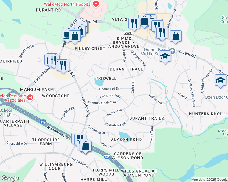 map of restaurants, bars, coffee shops, grocery stores, and more near 2512 Deanwood Drive in Raleigh