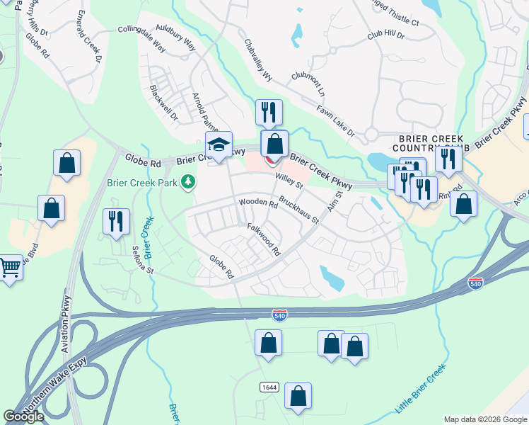 map of restaurants, bars, coffee shops, grocery stores, and more near 10108 Falls Meadow Court in Raleigh