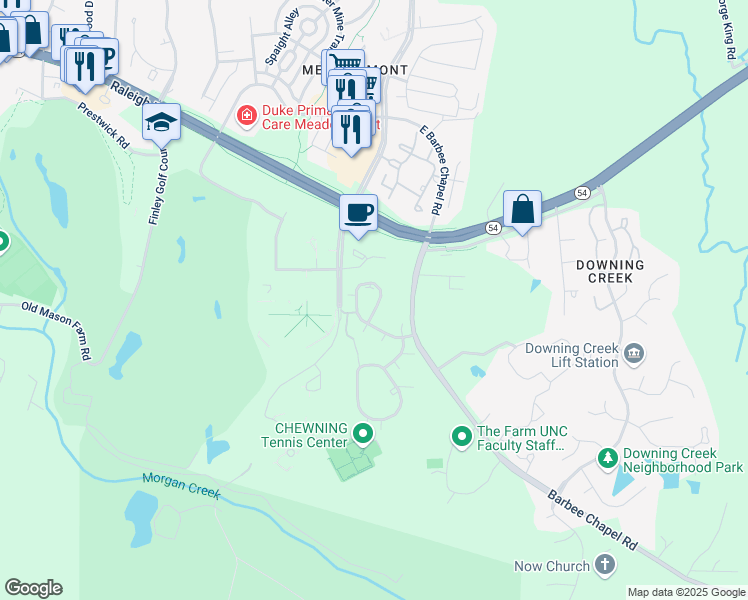 map of restaurants, bars, coffee shops, grocery stores, and more near 139 Brookberry Circle in Chapel Hill