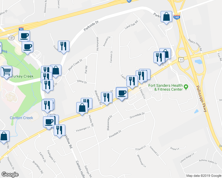 map of restaurants, bars, coffee shops, grocery stores, and more near 10409 Victoria Drive in Knoxville
