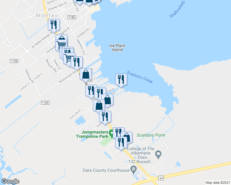 map of restaurants, bars, coffee shops, grocery stores, and more near 1108 South Bay Club Drive in Manteo