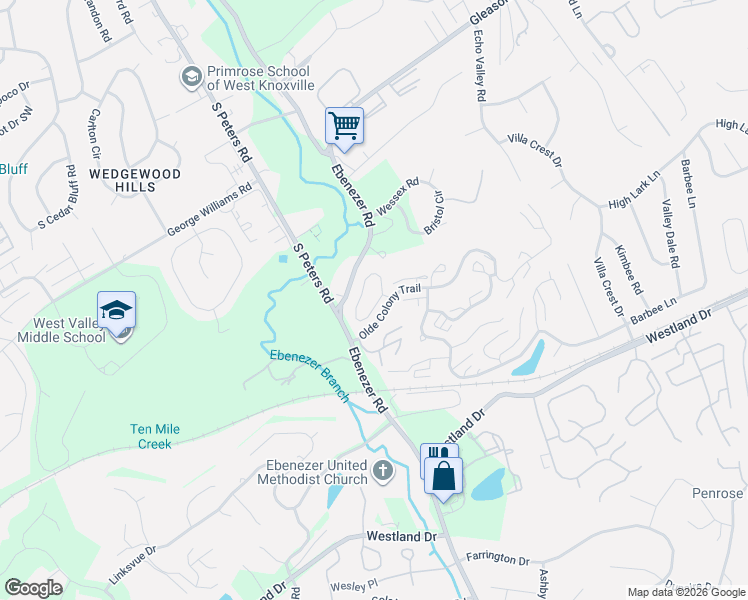 map of restaurants, bars, coffee shops, grocery stores, and more near 8709 Olde Colony Trail in Knoxville