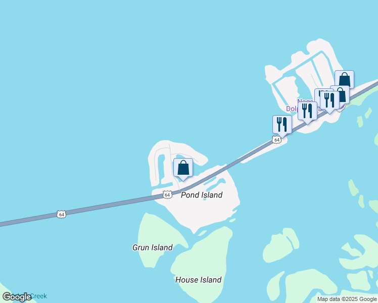 map of restaurants, bars, coffee shops, grocery stores, and more near 7718 South East Shore Road in Nags Head