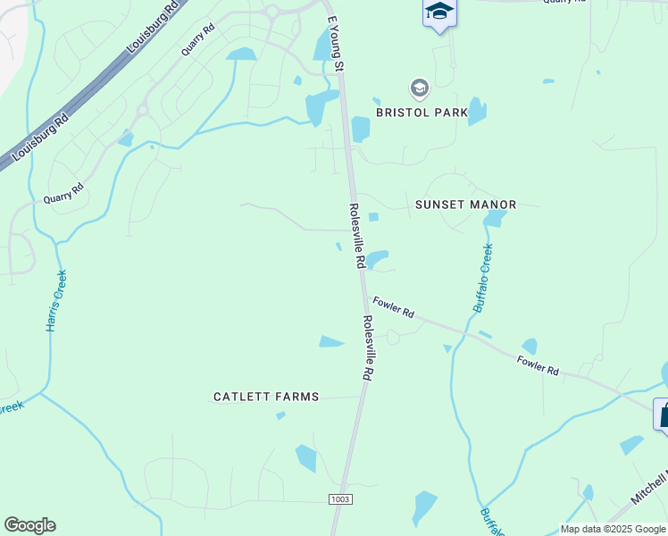 map of restaurants, bars, coffee shops, grocery stores, and more near 1224 Rolesville Road in Wake Forest