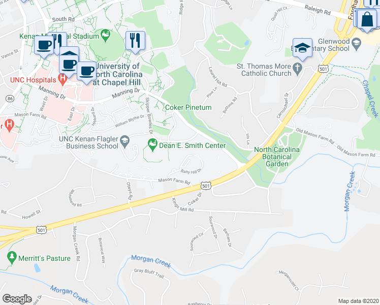 map of restaurants, bars, coffee shops, grocery stores, and more near 2000 Baity Hill Drive in Chapel Hill