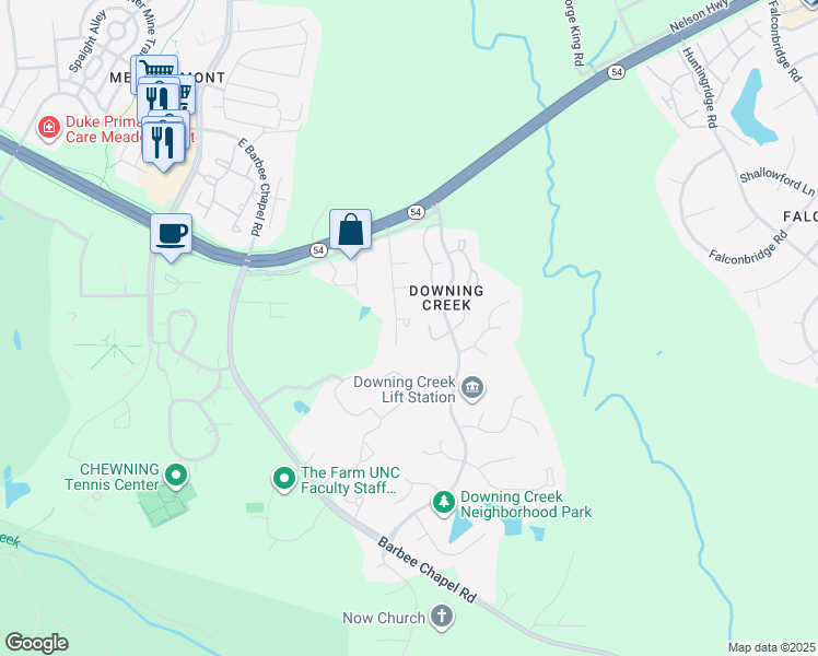 map of restaurants, bars, coffee shops, grocery stores, and more near 2 Essex Lane in Chapel Hill