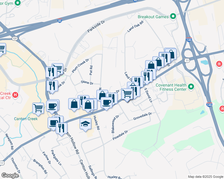 map of restaurants, bars, coffee shops, grocery stores, and more near 104 Cynthia Lane in Knoxville