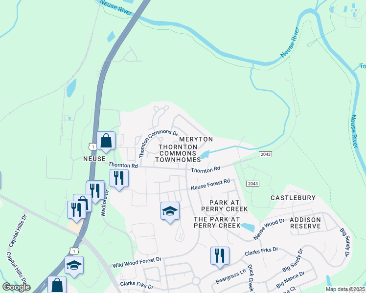map of restaurants, bars, coffee shops, grocery stores, and more near 8826 Thornton Garden Lane in Raleigh