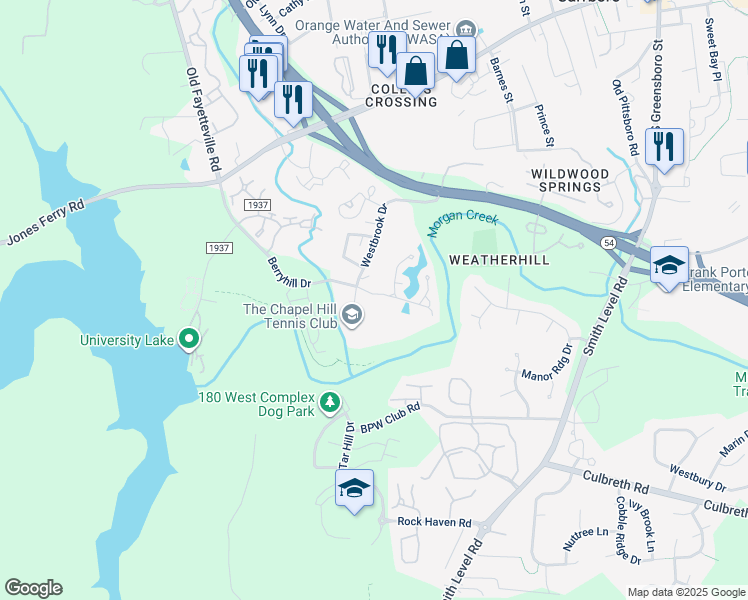 map of restaurants, bars, coffee shops, grocery stores, and more near 311 Berryhill Drive in Carrboro