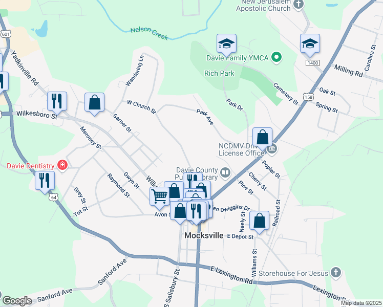 map of restaurants, bars, coffee shops, grocery stores, and more near 173 West Church Street in Mocksville
