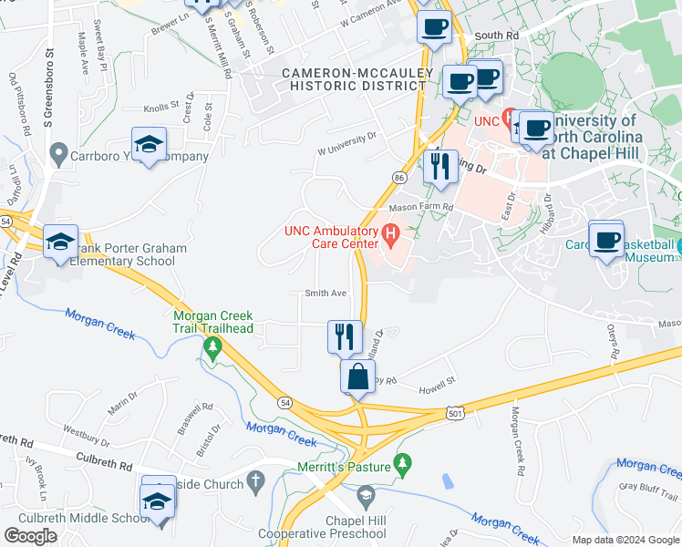 map of restaurants, bars, coffee shops, grocery stores, and more near 812 Old Pittsboro Road in Chapel Hill