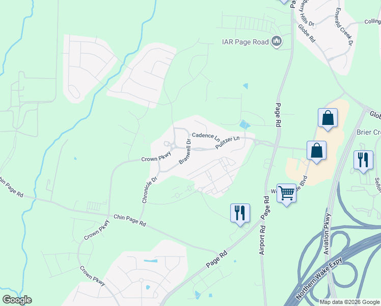 map of restaurants, bars, coffee shops, grocery stores, and more near 1335 Pulitzer Lane in Durham