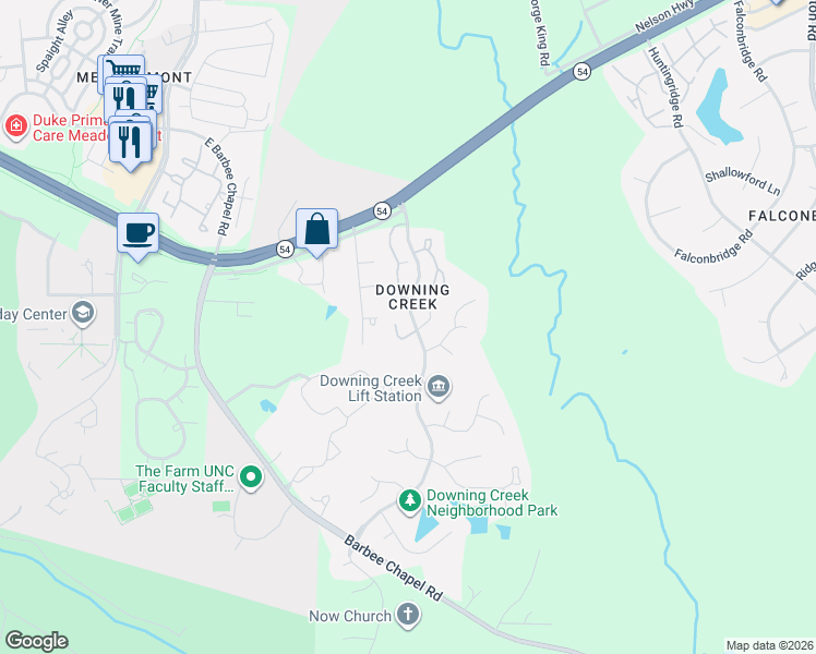 map of restaurants, bars, coffee shops, grocery stores, and more near 1632 Jamestowne Place in Chapel Hill