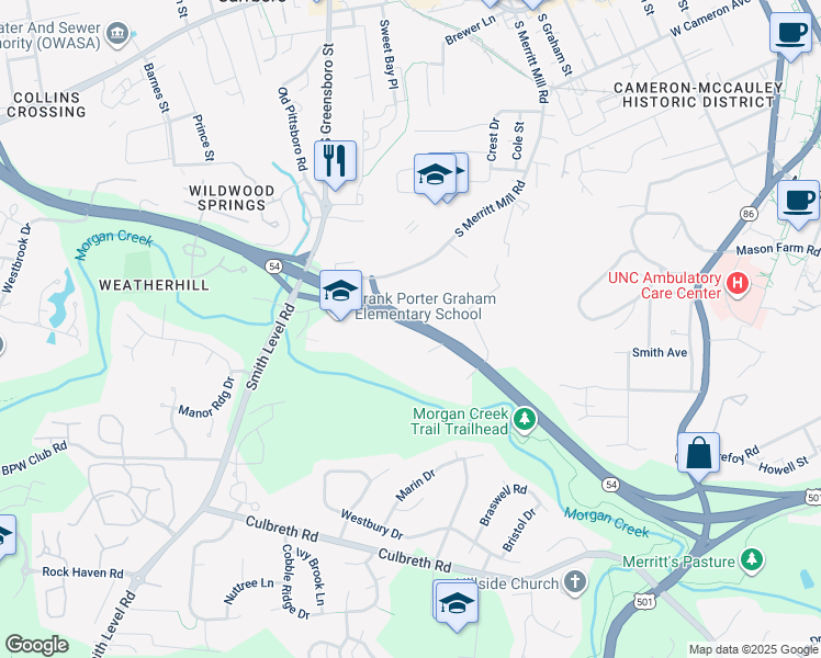 map of restaurants, bars, coffee shops, grocery stores, and more near 1105 54 Bypass in Chapel Hill