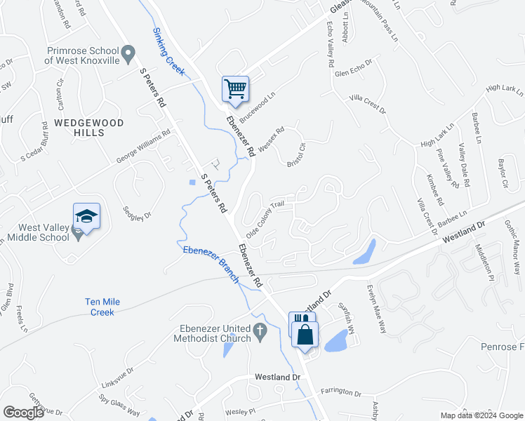 map of restaurants, bars, coffee shops, grocery stores, and more near 8709 Olde Colony Trail in Knoxville