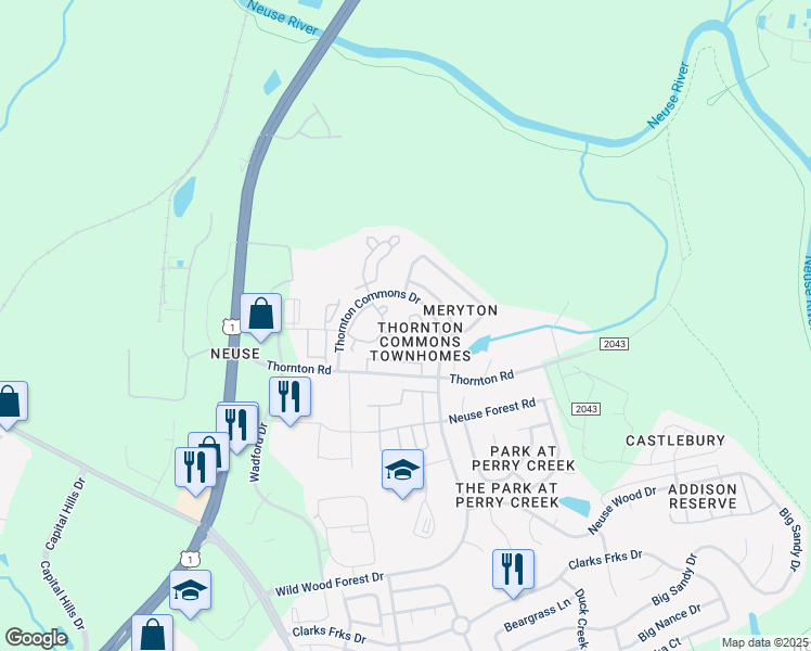 map of restaurants, bars, coffee shops, grocery stores, and more near 8914 Thornton Garden Lane in Raleigh