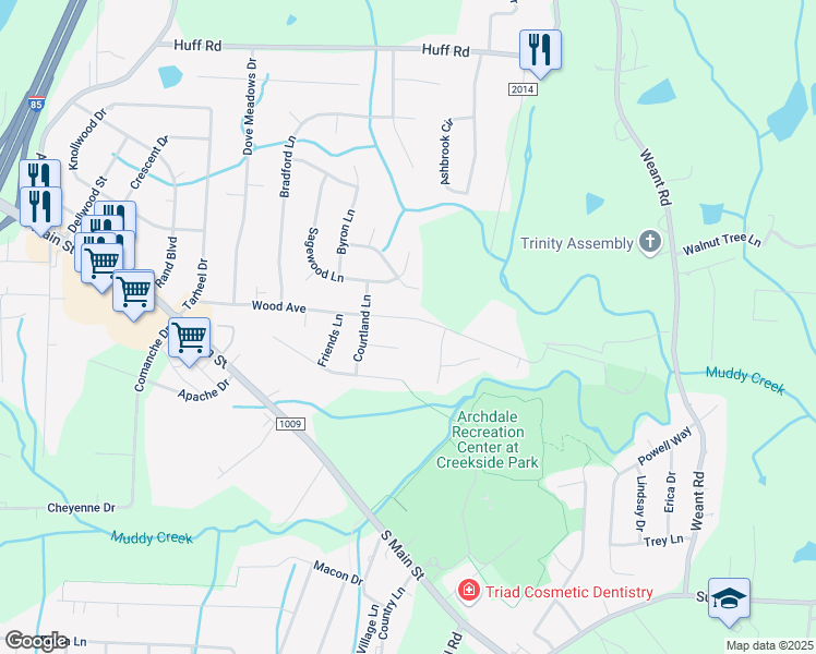 map of restaurants, bars, coffee shops, grocery stores, and more near 3905 Wood Avenue in Archdale