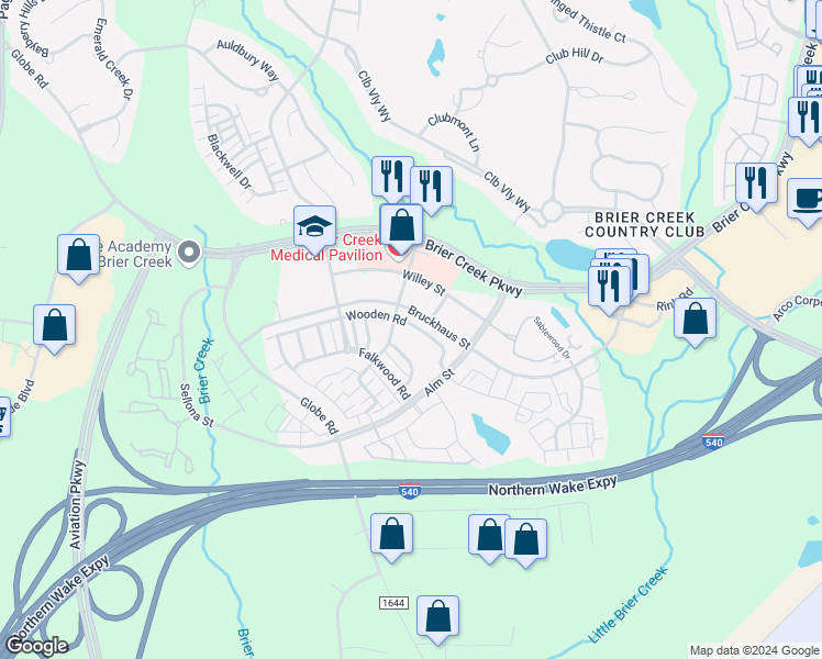 map of restaurants, bars, coffee shops, grocery stores, and more near 9157 Wooden Road in Raleigh