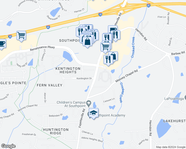 map of restaurants, bars, coffee shops, grocery stores, and more near 7108 Fayetteville Road in Durham