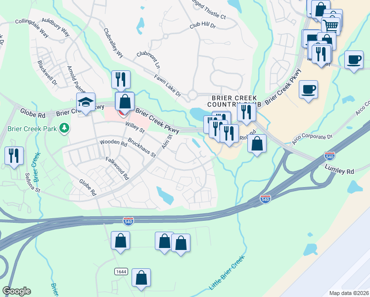 map of restaurants, bars, coffee shops, grocery stores, and more near 10421 Sablewood Drive in Raleigh