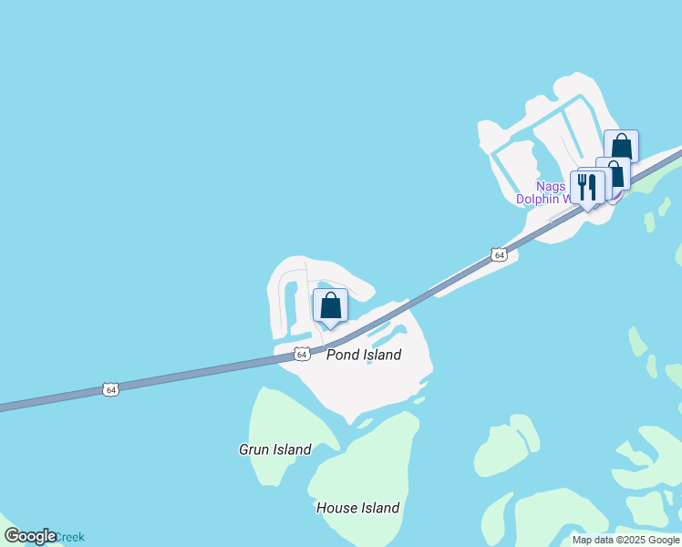 map of restaurants, bars, coffee shops, grocery stores, and more near 7718 South East Shore Road in Nags Head