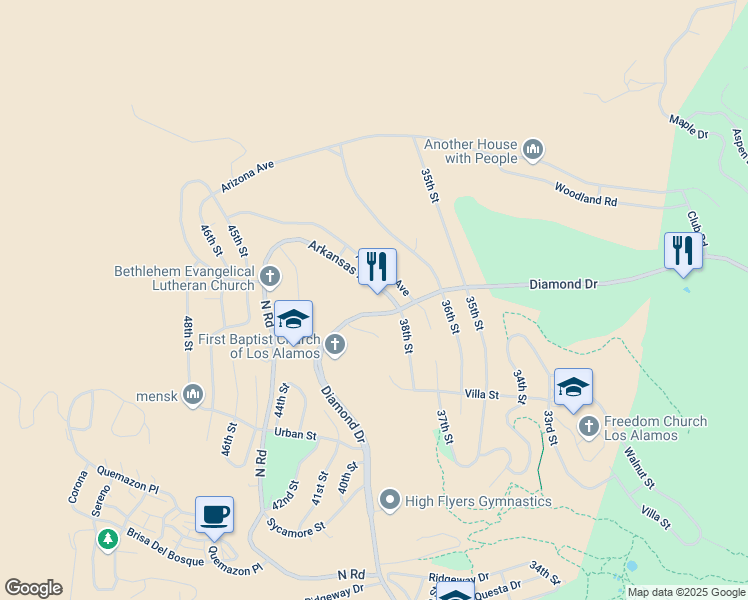 map of restaurants, bars, coffee shops, grocery stores, and more near 3801 Arkansas Avenue in Los Alamos