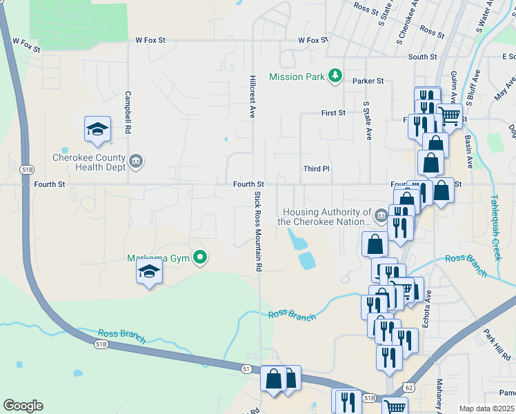 map of restaurants, bars, coffee shops, grocery stores, and more near 1304 Stick Ross Mountain Road in Tahlequah