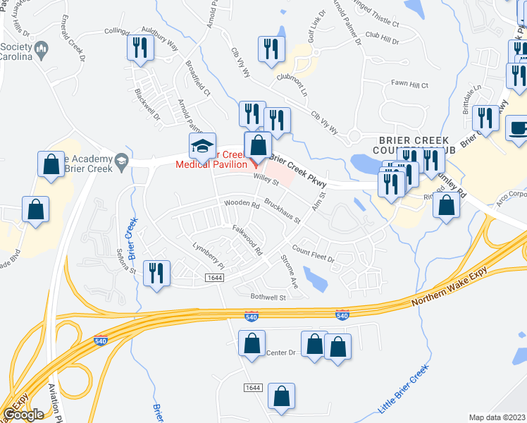 map of restaurants, bars, coffee shops, grocery stores, and more near 9159 Wooden Road in Raleigh