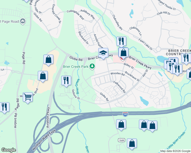 map of restaurants, bars, coffee shops, grocery stores, and more near 10123 Knotty Pine Lane in Raleigh