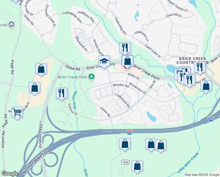 map of restaurants, bars, coffee shops, grocery stores, and more near 10114 Barnhart Way in Raleigh