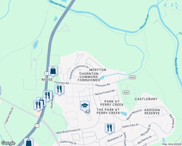 map of restaurants, bars, coffee shops, grocery stores, and more near 8828 Thornton Garden Lane in Raleigh