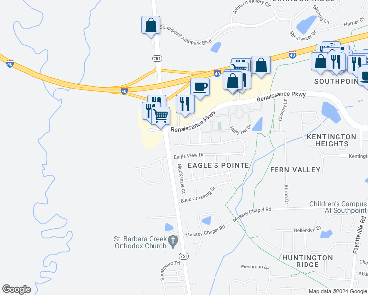 map of restaurants, bars, coffee shops, grocery stores, and more near 7604 Morrell Lane in Durham