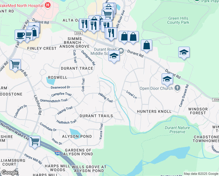 map of restaurants, bars, coffee shops, grocery stores, and more near 2932 Englefield Drive in Raleigh