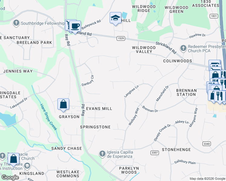 map of restaurants, bars, coffee shops, grocery stores, and more near 8600 Battom Court in Raleigh