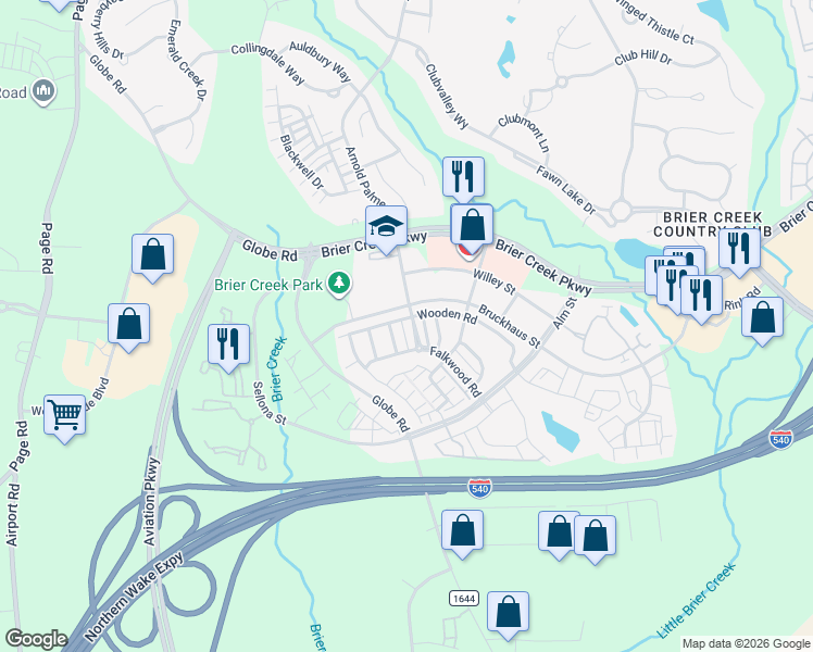 map of restaurants, bars, coffee shops, grocery stores, and more near 10114 Barnhart Way in Raleigh