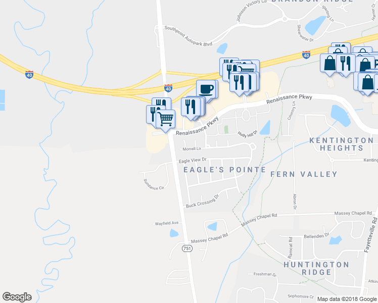 map of restaurants, bars, coffee shops, grocery stores, and more near 7506 Morrell Lane in Durham