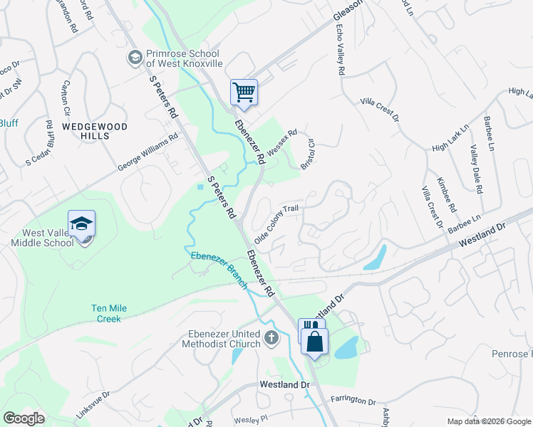 map of restaurants, bars, coffee shops, grocery stores, and more near 8709 Olde Colony Trail in Knoxville